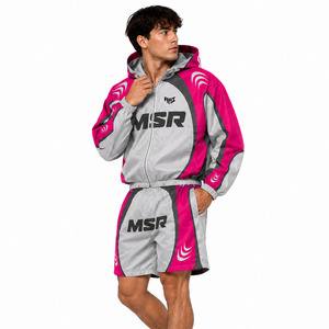 Conjunto Corto de Nylon Rosa y Gris Personalizado de Moda para Hombre, Traje Cortavientos con Bloques de Color, OEM ODM, Etiqueta Privada, Ropa Urbana, Ropa Deportiva, Sudaderas con Capucha - Product Image 6