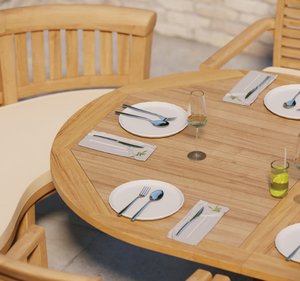 Ensemble de table à manger ovale d'extérieur en teck massif de luxe avec banc incurvé et fauteuils, finition naturelle, meubles de jardin et de terrasse - Product Image 3