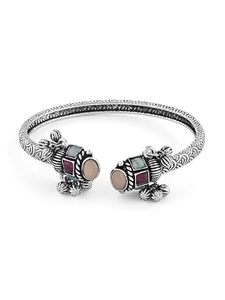Vintage Tibetan <b>Silver</b> Cuff <b>Bracelet</b> Zircon Inlay Bezel Setting Crown Unisex Jewelry Gift Traditional Handcrafted Oxidized - Product Image 1