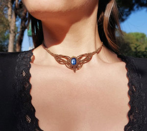 Collar de Macramé Hecho a Mano con Cianita Azul, Venta al por Mayor, Estilo Bohemio, Cordón Marrón Tejido, Cuentas de Latón, Proveedor de Joyería - Product Image 2