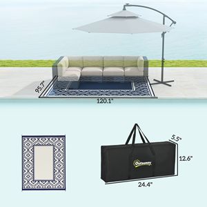 Tappeto impermeabile reversibile esterno blu e bianco bordo zucca 8 'X 10' con borsa porta con bordo in paglia - Product Image 3