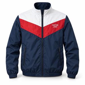 Chaqueta Cortavientos Chevron Azul Marino, Blanca y Roja con Logotipo Bordado Personalizado, Cuello Alto, Cierre Completo, Ropa Deportiva, Proveedor Mayorista - Product Image 1