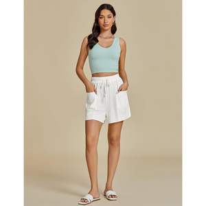 2025 à la mode taille haute lin Shorts pour femmes décontracté été pull-on cordon plage coupe ample poches chaud Shorts motif - Product Image 2