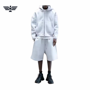 Men's Blue Hooded Fleece Breathable Woven Zip-Up Jacket <b>Set</b> Casual Solid Color <b>Knitted</b> Cotton Shorts Spring Wear - Product Image 4
