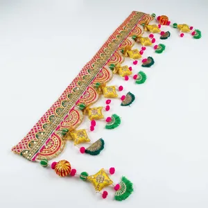 Traditional Indian Door Toran with Golden Embroidery Pink Green Hanging Ornaments and Decorative Tassels - Product Image 5