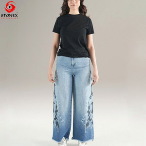 Jeans de mezclilla de mujer al por mayor, personalizados, de cintura media, pierna ancha, con bordado a mano, ecológicos, de largo completo, ajuste holgado, para invierno, color liso. - Product Image 1