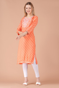 Women Orange Printed Straight <b>Kurti</b> Ethnic Casual Wear <b>Kurti</b>, Embroidery Work <b>Kurti</b> , Trendy <b>Kurti</b> , New Kurta - Product Image 3