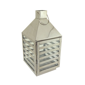 Hanging <b>Silver</b> Polished Stainless Steel Square Candle <b>Lantern</b> Horizontal Slotted Slat Panel Frame Pyramid Roof Clear Glass Panes - Product Image 1