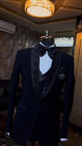 Costume de smoking noir pour homme, 3 pièces, broderie de paillettes, style britannique, tenue formelle, tenue de marié - Product Image 4