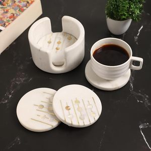 Marble Coasters <b>Set</b> of <b>4</b> with Holder Pearl & Brass Inlay <b>Dining</b> <b>Table</b> Coasters <b>for</b> Hot Pots Coffee Mugs Decorative Home Decor - Product Image 5