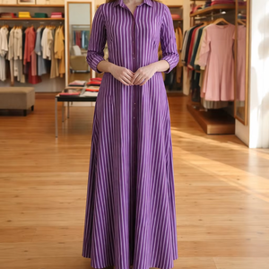 เดรสเชิ้ตยาวลายทางสไตล์โบฮีเมียนสำหรับผู้หญิง แขนยาว ติดกระดุม ผ้าฝ้ายลินินลำลอง ใส่สบายในฤดูร้อน เป็นมิตรกับสิ่งแวดล้อม ทรงเอไลน์ ขายส่งแบบ OEM - Product Image 1