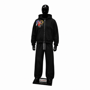 Ensemble de survêtement noir à capuche pour homme, fermeture éclair intégrale, imprimé, coupe décontractée, en coton, sweat-shirt et pantalon, style décontracté pour l'automne - Product Image 1