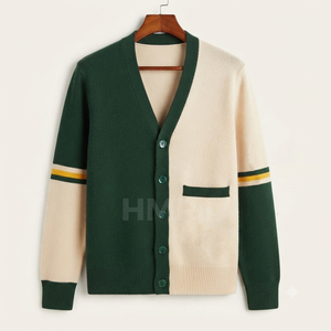 Cárdigan de Punto Acrílico HMR Sisterhood Sorority en Verde Militar y Beige con Contraste de Color, Suéteres de Invierno con Cuello en V y Botones al Frente, Top Informal - Product Image 5