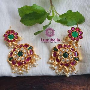 Kemp Gold Plated Pearl Hoop Stud Pendant Earrings-Ethnic Religious Trendy Ball Design - Product Image 1