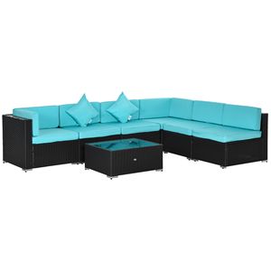 Set da conversazione da esterno in vimini turchese a 7 pezzi con cuscini e tavolo in vetro - Product Image 1