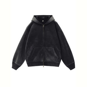 Sweat-shirt à capuche zippé intégral en molleton épais noir délavé style vintage pour homme, à manches longues et poche kangourou fendue, OEM ODM Vente en gros - Product Image 1