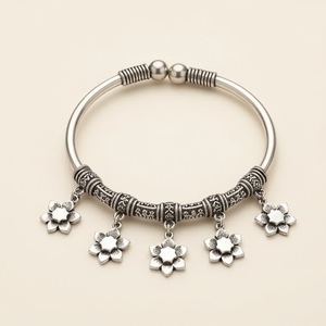 DIVYORO Women's Floral <b>Charm</b> Oxidized <b>Silver</b> Plated Brass Bangles with KADA Name Office/Career Party Wear - Product Image 1