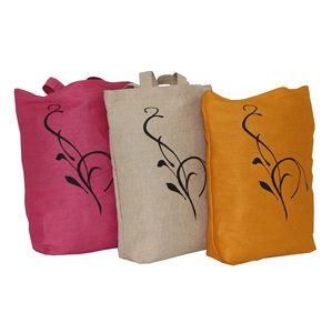 Sac fourre-tout personnalisé en jute avec poche, imprimé floral promotionnel, couleurs teintes disponibles, longue poignée, pour courses et transport - Product Image 1