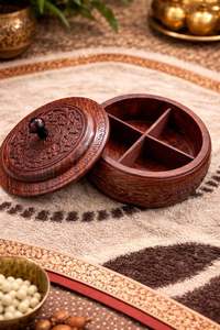 Caja de almacenamiento de madera hecha a mano con compartimentos divididos para frutos secos y frutas deshidratadas, expositor redondo tallado para mesa, artesanía antigua - Product Image 4