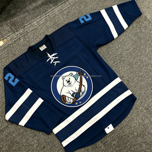 Maillot de hockey sur glace personnalisé pour homme, sublimé, blanc, bleu, orange, respirant, éco-responsable, en maille, col en V, manches longues, polyester, personnalisable - Product Image 1