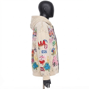 Mens Oversized Vintage Wash <b>Full</b> <b>Zip</b> <b>Hoodie</b> Heavyweight 100% Cotton Fleece Embroidered Cartoon Print Graffiti Typography - Product Image 3