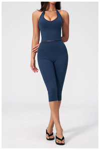 Conjunto de Yoga de 2 Piezas para Mujer, Cuello Redondo, Manga Corta, Cintura Alta, Largo hasta la Rodilla, Sin Costuras, Color Sólido, Spandex y Poliéster, Ropa Deportiva - Product Image 4