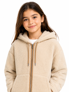 Veste à capuche zippée en polaire Teddy pour filles, sweat-shirt doux en sherpa, chaud, en polyester, confortable, en peluche, vêtement d'extérieur décontracté - Product Image 1