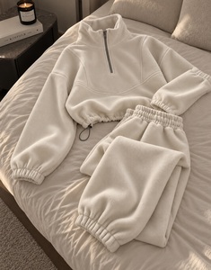 Ensemble de survêtement en polaire de couleur unie pour femme, pull à capuche à demi-zip et pantalon de jogging à taille élastique, ensemble confortable d'hiver en deux pièces - Product Image 4