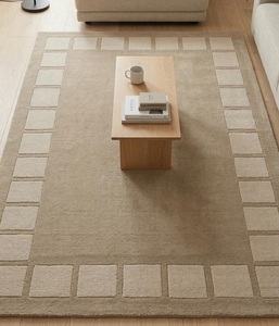 Alfombra de Lana Premium Hecha a Mano, Antideslizante, Abstracta, Minimalista, Beige, con Borde Rectangular, Moderna, para Sala de Estar o Dormitorio, Pelo Medio - Product Image 1