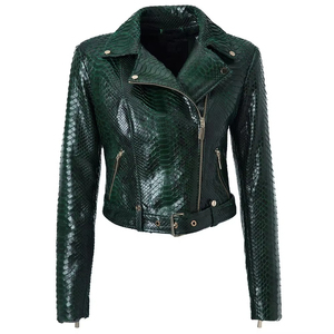 Veste de moto d'hiver en cuir PU vert effet peau de serpent SEAMER WEAR, col rabattu, fermeture éclair, manches longues - Product Image 6