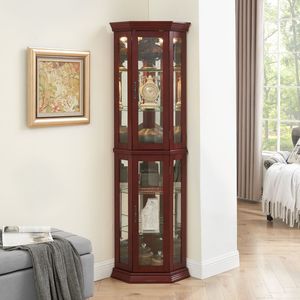 Vetrinetta Angolare con Ripiani in Vetro Temperato Regolabili, Retro a Specchio e Luci, Finitura Ciliegio (Lampadina E26 Non Inclusa) - Product Image 4