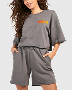 Custom Own Design T Shirt and Shorts Women French Terry Distressed Oversized T-shirt and Raw Hem Shorts 2 Piece <b>Set</b> For Womens - Product Image 6