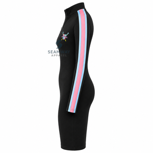 Gamma Phi Delta Women's Bodycon <b>Dress</b> Contrast Striped Sleeve Quarter Zip Mock Neck Knee Length Casual Slim Fit <b>Dress</b> - Product Image 2