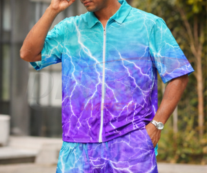 Ensemble court 2 pièces personnalisé pour homme, imprimé 3D Éclair Bleu, survêtement d'été, polo zippé et short assortis - Product Image 3