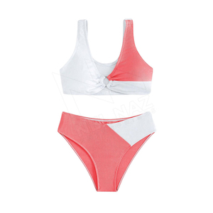 Ensemble bikini deux pièces pour femme, color block, haut bandeau côtelé torsadé, bas de maillot de bain hipster extensible - Product Image 3