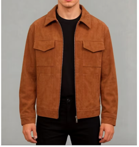 <b>Men</b> s Brown <b>Suede</b> Leather <b>Jacket</b> Workwear Style Turn-down Collar Zipper Closure Pockets Regular Fit Autumn Wear <b>Suede</b> Leather - Product Image 1