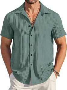 Chemise de plage plissée texturée pour homme à manches courtes, respirante, à rayures verticales, décontractée, boutonnée, pour l'été - Product Image 3