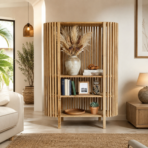 Étagère d'angle en teck massif, bibliothèque minimaliste en bois, meuble à lattes, organisateur vertical pour salon, fabricant exportateur - Product Image 6