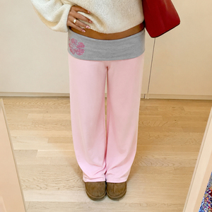 Pantalones Y2K de pierna recta con cintura plegable para mujer, con pedrería floral, bloques de color, ajuste holgado, de punto, estilo casual urbano - Product Image 1