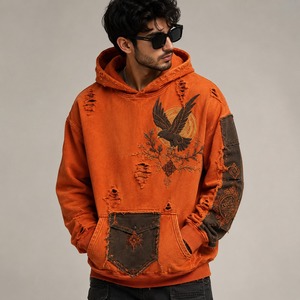 Streetwear and Casual Wear <b>Mens</b> Oversized Embroidery Hoodie Distressed Finish <b>Pullover</b> Sweatshirt for Trendy - Product Image 4