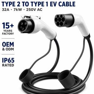 Câble de charge portable pour VE IEC 62196 SAE J1772, vente en gros, Type 2 vers Type 1, 7kW, 5m, IP65, TPU, 32A pour PHEV - Product Image 1