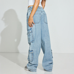 Jean cargo bleu clair pour femme, coupe large, taille haute, ample, en denim, style streetwear - Product Image 2