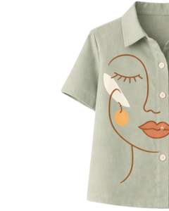 Conjunto de Dos Piezas para Mujer, Diseño Abstracto con Estampado de Rostro, Camisa de Manga Corta con Botones y Pantalón de Pierna Ancha, Ropa Casual - Product Image 2