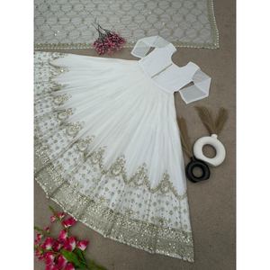 Abito Lungo in Georgette con Ricami e Paillettes, con Dupatta, Bianco - Product Image 5