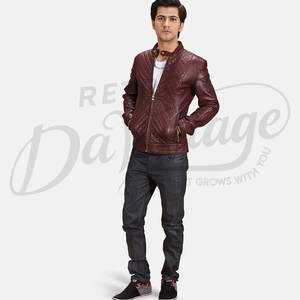 เสื้อแจ็คเก็ตหนังแท้ทรงสลิมฟิตสำหรับผู้ชาย รุ่นพรีเมียม สีเบอร์กันดี ตกแต่งลายเพชร ดีไซน์สไตล์ไบค์เกอร์ คอตั้ง สง่างาม เหมาะสำหรับแฟชั่นฤดูหนาว - Product Image 5