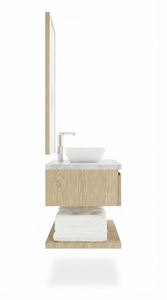 Modern Wall <b>Vanity</b> Double Ceramic Basin Smart Mirror Cabinet Stainless Steel Drainer Single Hole Wood Grain <b>Light</b> Finish - Product Image 3