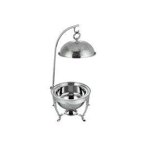 Al por mayor, Barra colgante de acero inoxidable redonda para calentador de alimentos, con tapa abovedada plateada efecto espejo martillado y soporte de grúa curvo ornamental - Product Image 1