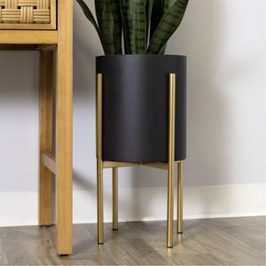 Support de plante moderne de luxe en métal doré avec pot rond noir décoratif pour l'intérieur, support de présentation de fleurs pour le salon - Product Image 2