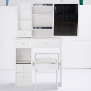 29.2\" Kids' Desktop Vanity Table Set Cushioned Stool Extra Large Right-<b>Sliding</b> Mirror <b>Small</b> Size Left Drawer Multi-Layer High - Product Image 2
