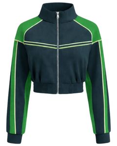 Green Dark Women Cropped Track <b>Jacket</b> <b>Zip</b> <b>Up</b> Sports <b>Jacket</b> Gym Fitness Activewear Contrast Stripe Training <b>Jacket</b> Manufacturer - Product Image 1